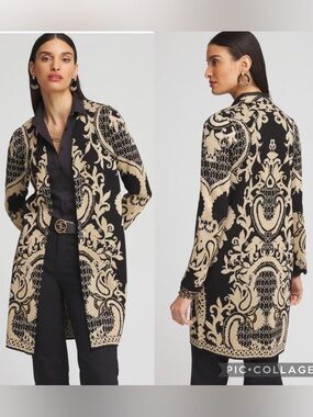 Chico's Embellished Jacquard Coatigan cardigan in black and gold size large